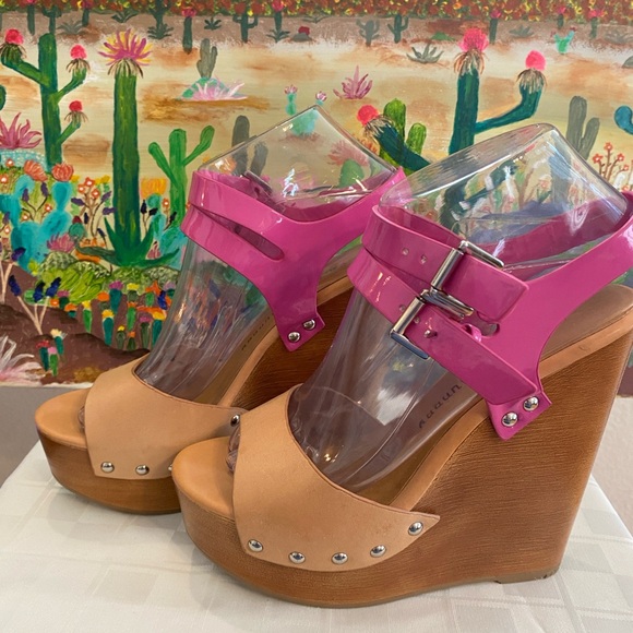 Chinese Laundry, Jungle Gym, Leather Platform Wedge Sandals, Pink/Tan, W Size 7 - Picture 4 of 16